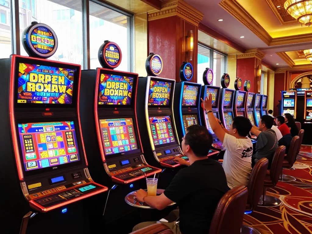 Players enjoying immersive slot toto experience with colorful machines and energetic atmosphere.