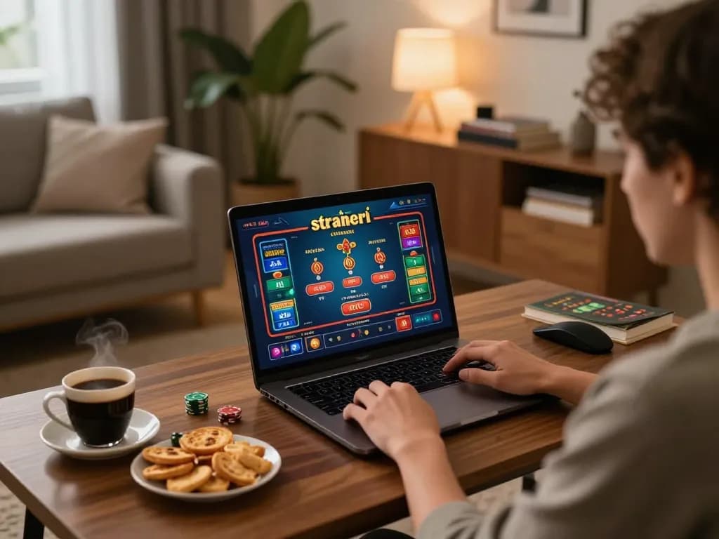 Playing casino online stranieri with dynamic game interface on laptop in cozy home setting