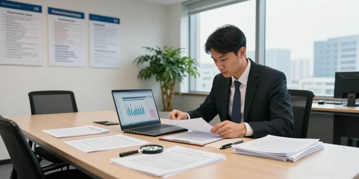 Ruang kerja profesional auditor forensik aafikotasurabaya.org dengan dokumen analisa dan perangkat audit.