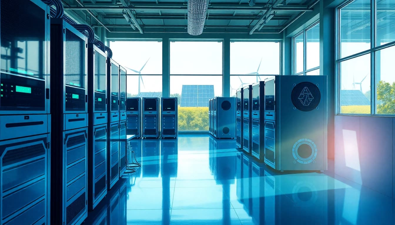 Futuristic cryptocurrency mining facility emphasizing dogecoin cloud mining profit with AI-driven technology and renewable energy.
