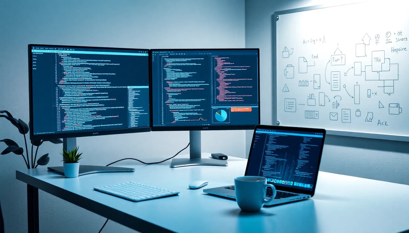 Software engineering workspace with dual-screen monitors and coding tools