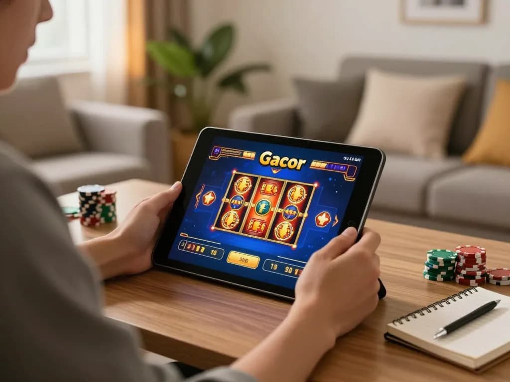 Suasana menarik permainan daring dengan slot gacor di tablet, meningkatkan pengalaman bermain di rumah.