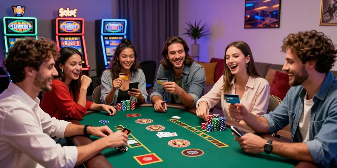Friends enjoying a lively home casino night, showcasing casinos that accept credit cards with games and laughter.