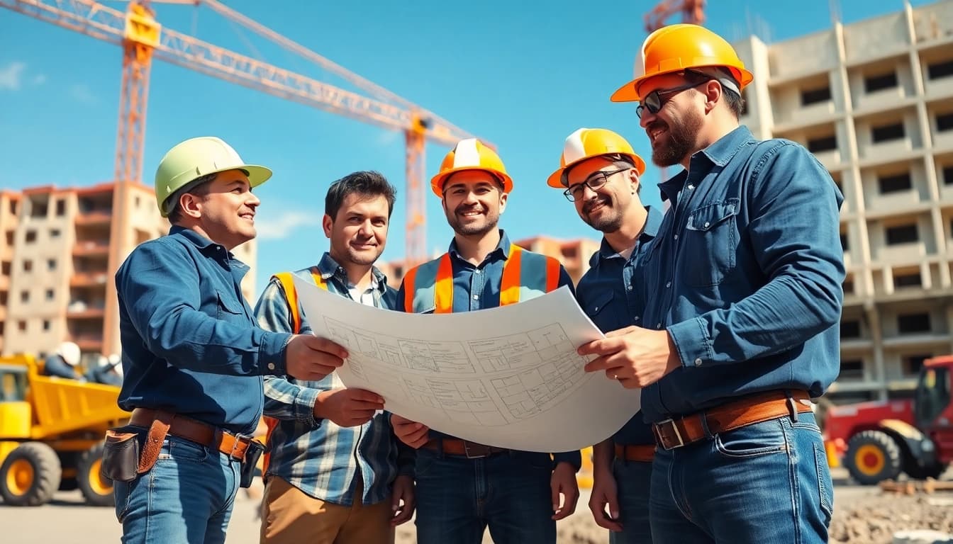 Construction association members reviewing blueprints on a vibrant job site.