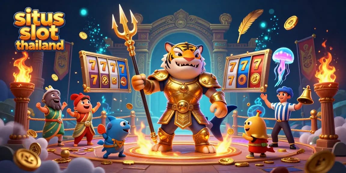 Situs slot thailand showcases a dynamic underwater casino scene with vibrant slot reels, engaging shark character, and lively fish crowd.