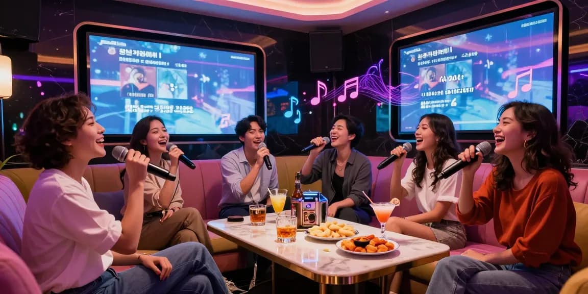 Friends enjoying a lively night at 강남가라오케 in a luxurious karaoke room with drinks and festive lighting.
