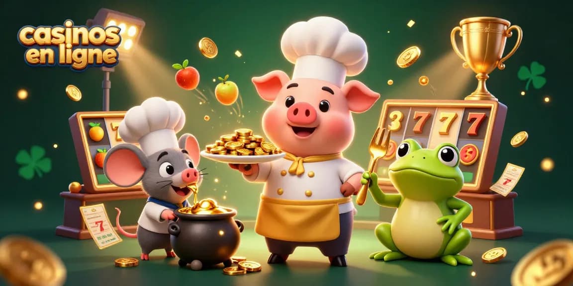 Jouez aux casinos en ligne avec des pièces d'or offertes par un chef 3D animé dans un univers coloré.