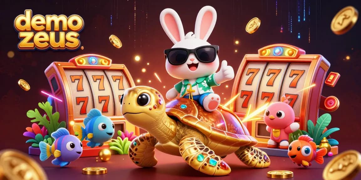 Experience the thrill of demo slot zeus with the vibrant lucky rabbit and golden turtle in a casino-themed adventure.