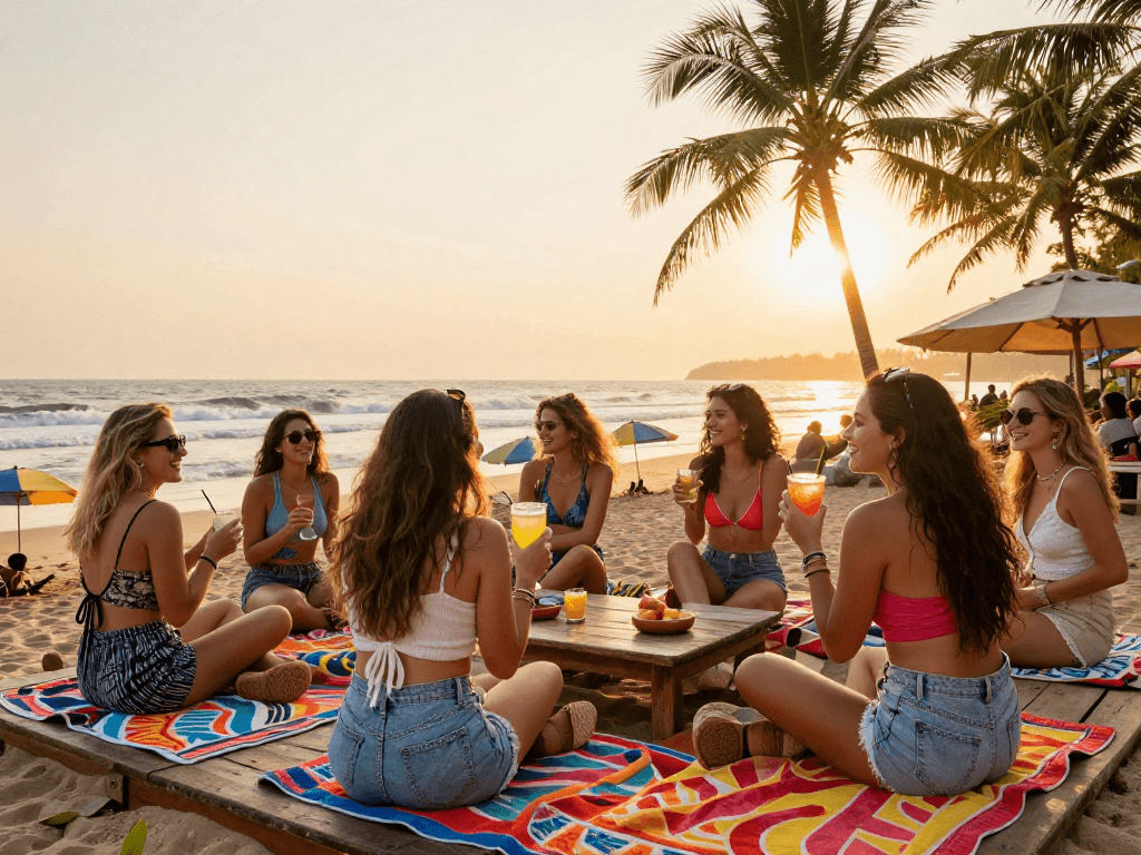 Goa call girls enjoying summer fun at the beach with drinks and laughter.
