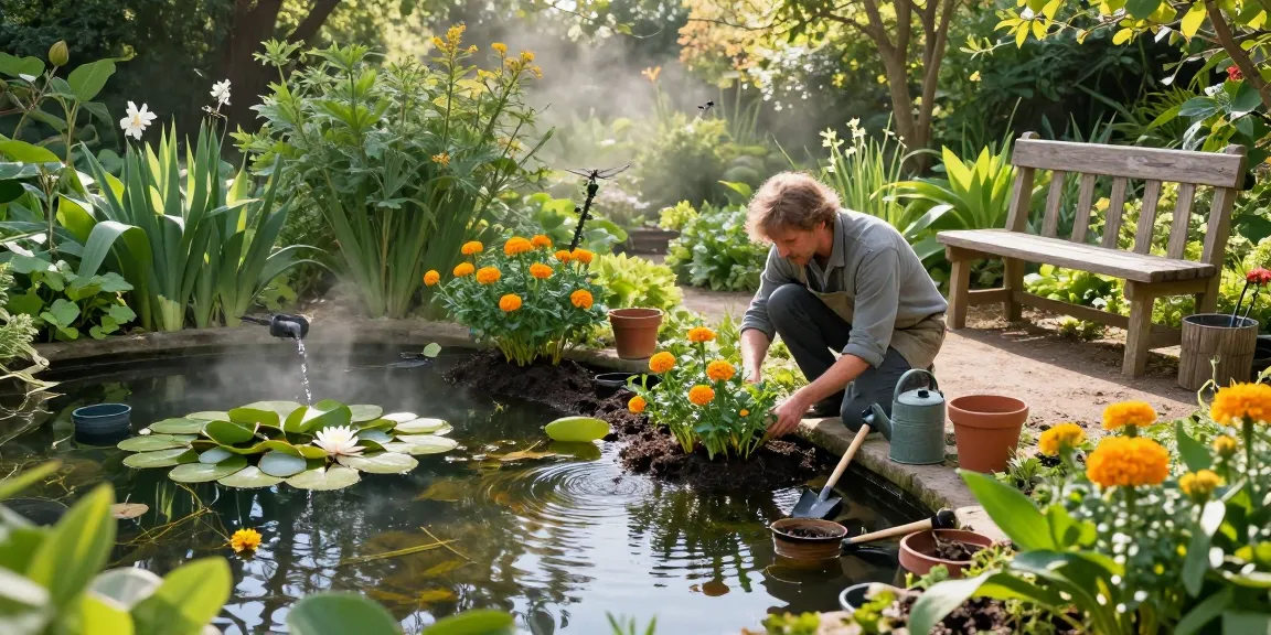 Gardener planting British pond plants like water lilies in a tranquil garden pond setting.