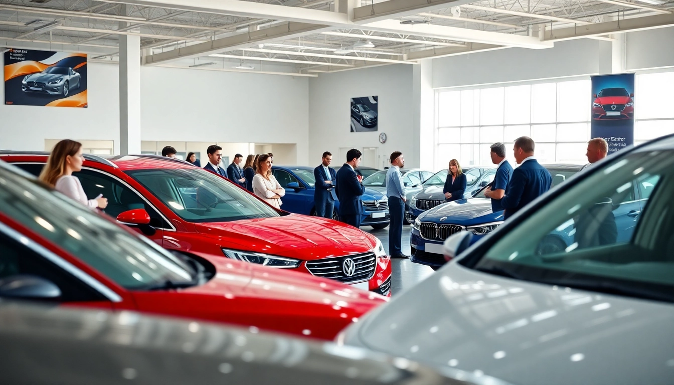 Buy a car at a vibrant dealership with customers discussing vehicles.