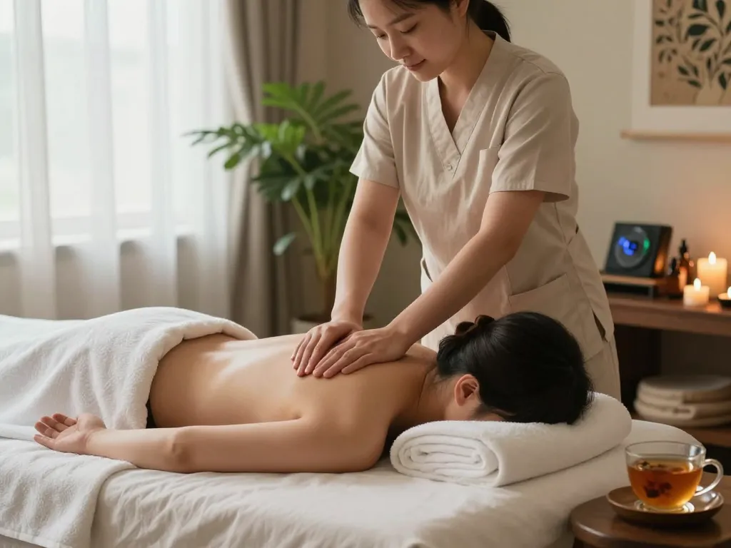 Experience a soothing 스웨디시 massage in a tranquil spa setting with calming aromas and soothing natural light.