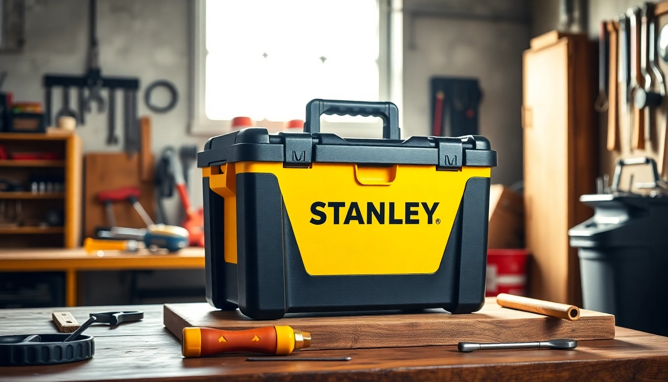 Organize efficiently with the Stanley stackable tool box, showcasing its robust design and tool accessibility.