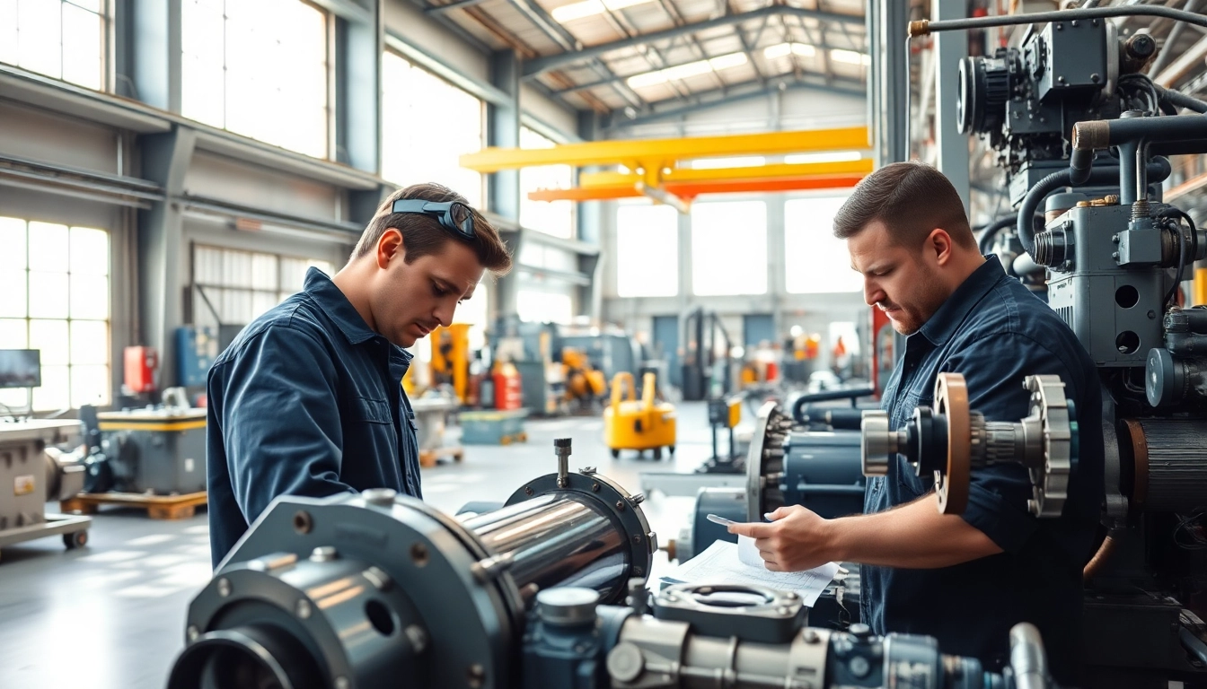 Inspecting custom hydraulic equipment in a bright industrial workshop with metallic components.