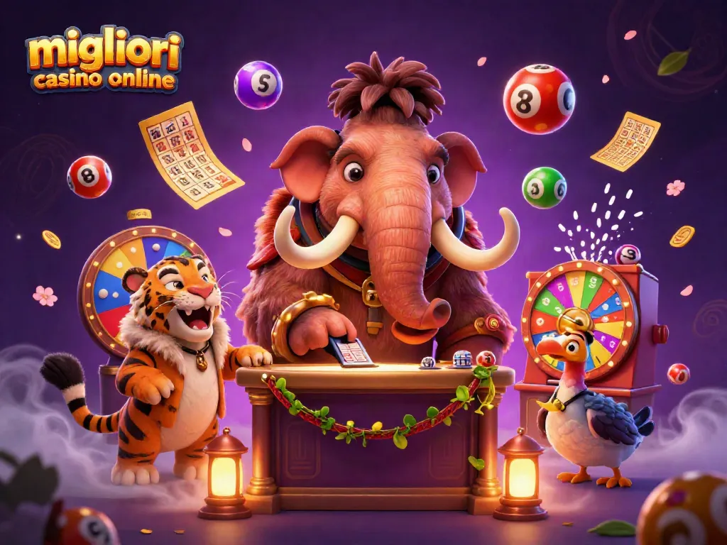 Scopri i migliori casino online con un mammut bouncer e un dodo doorman in un'illustrazione vivace.