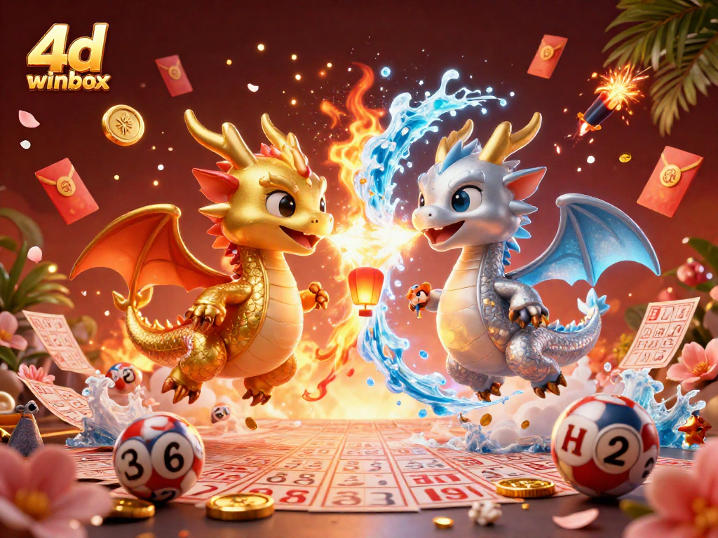 Experience thrilling 4D Winbox lottery action with dragons and dynamic elements in a vibrant scene.