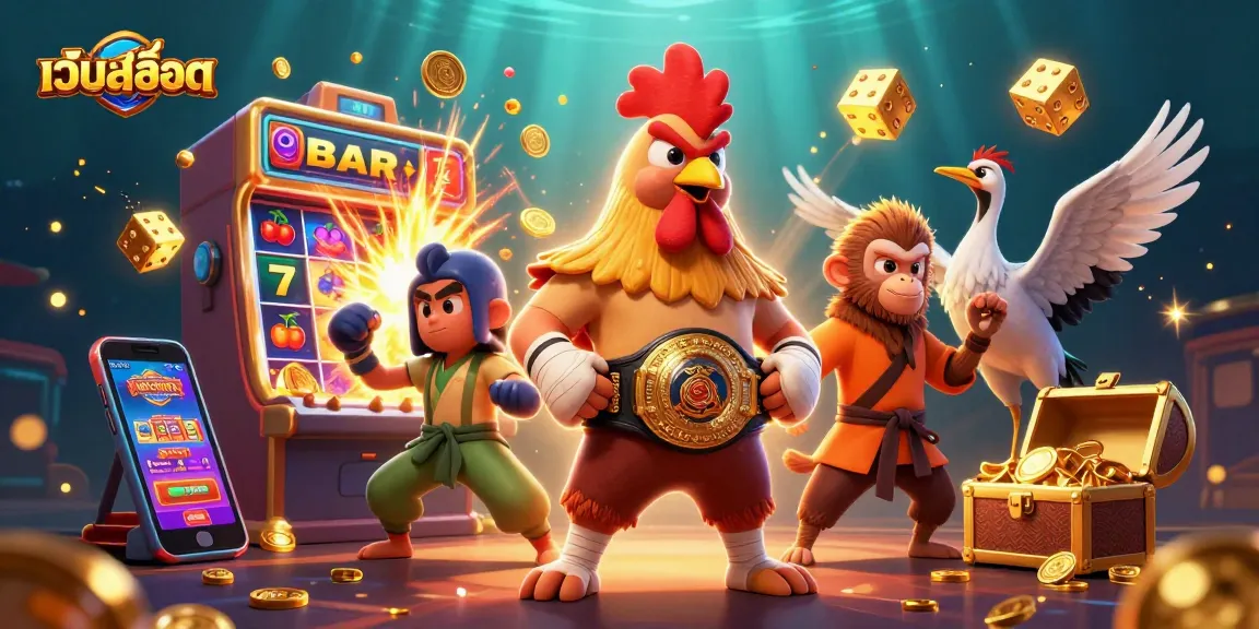 Engage in เว็บสล็อต excitement as a courageous Muay Thai rooster, a Shaolin monkey, and a wise crane master celebrate a jackpot win.