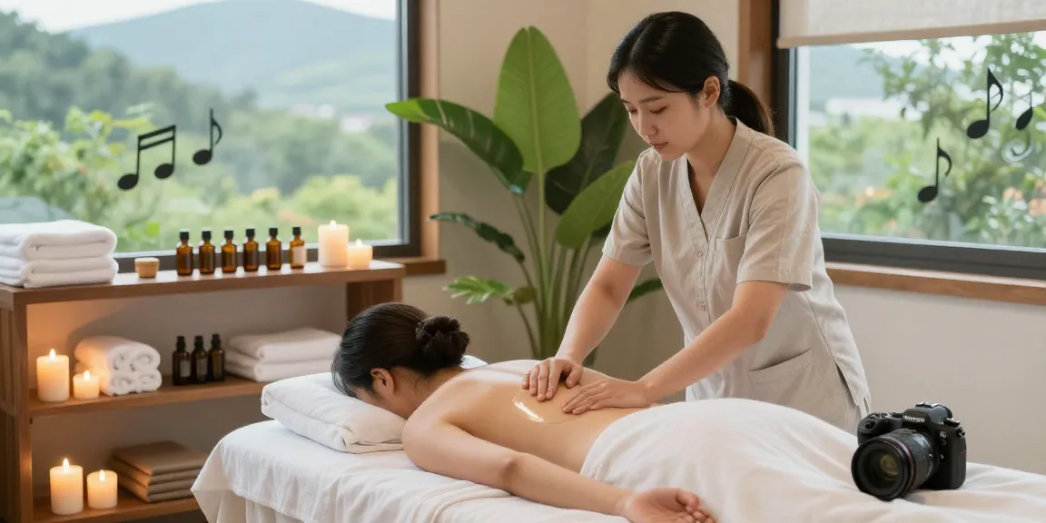 Person enjoying a 대구마사지 therapy in a serene spa setting with candles and greenery.