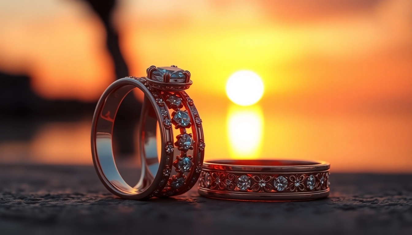 Admire exquisite couple rings showcased in a romantic setting, highlighting their charm and elegance.