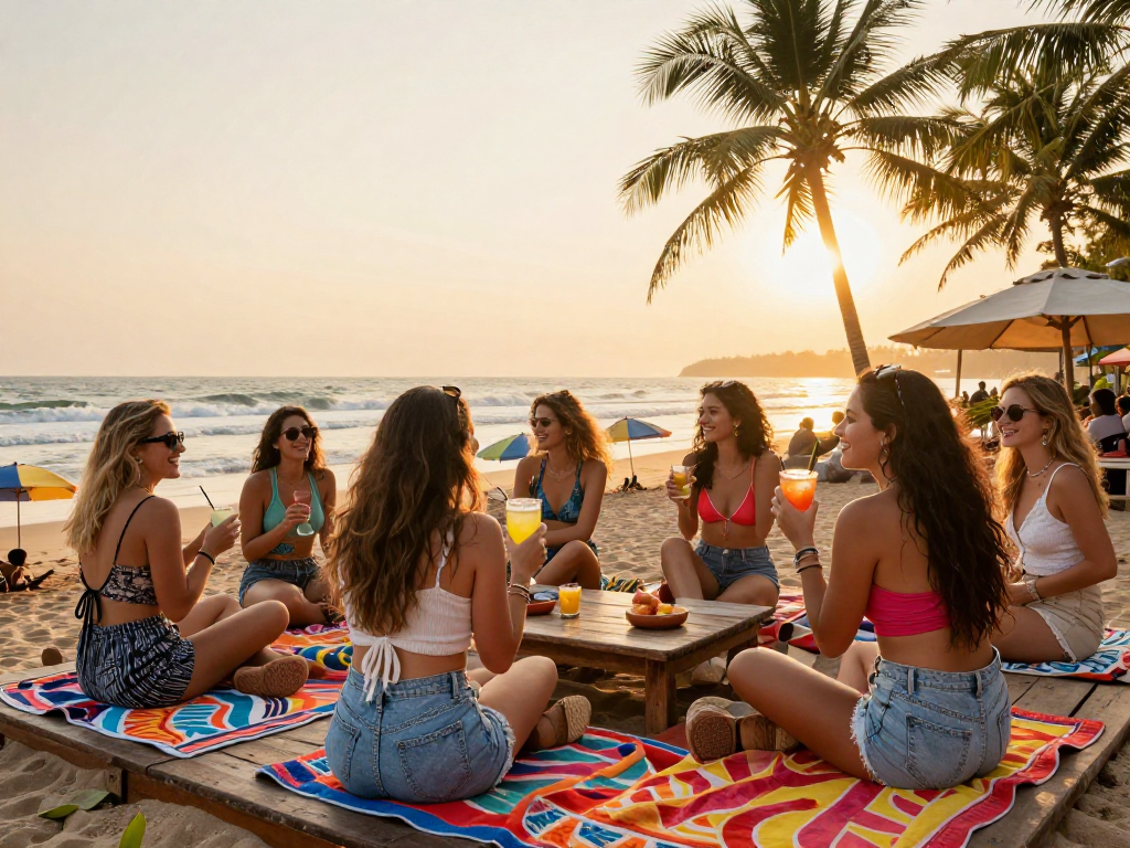 Goa call girls enjoying summer fun at the beach with drinks and laughter.
