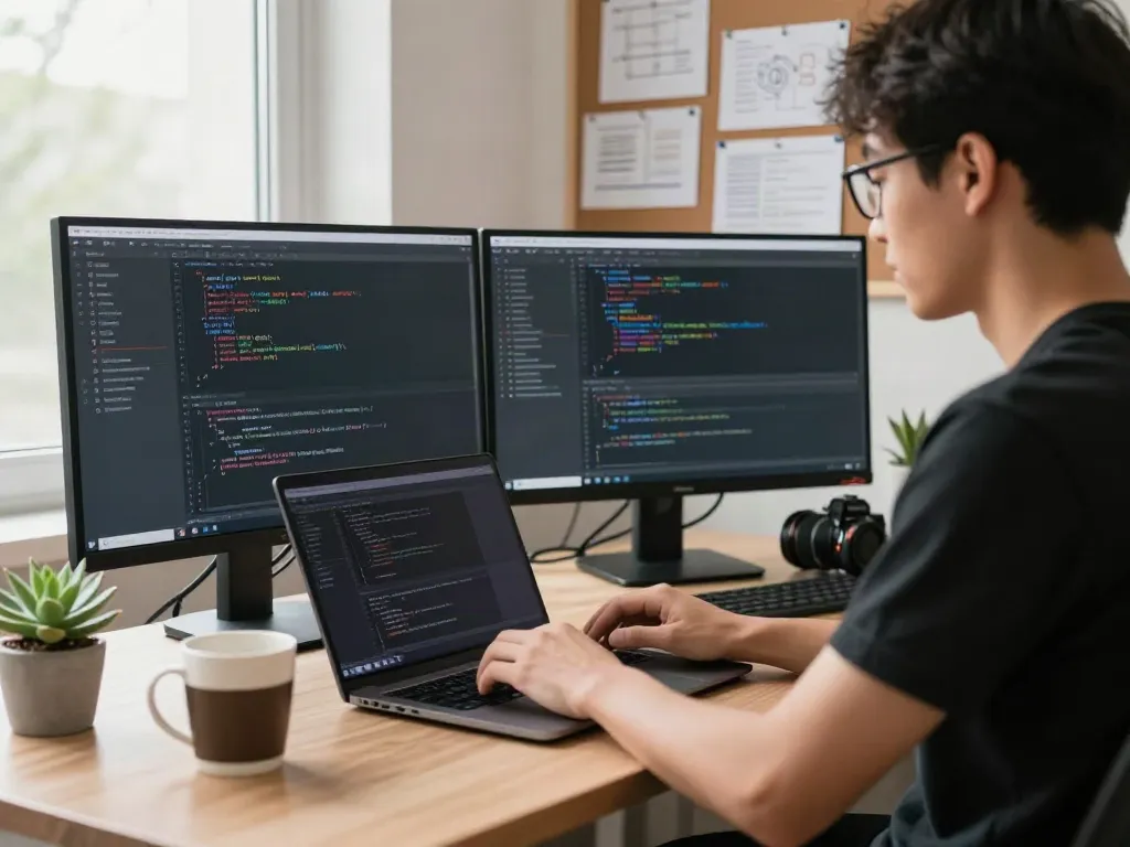 v2rayN官网 coding workspace with developer using dual monitors and laptop in natural light