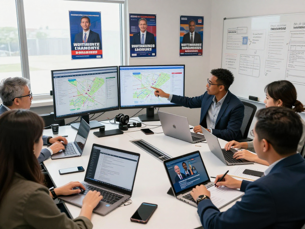 Engaged team strategizing effective voice broadcasting political campaigns in a bright office environment.