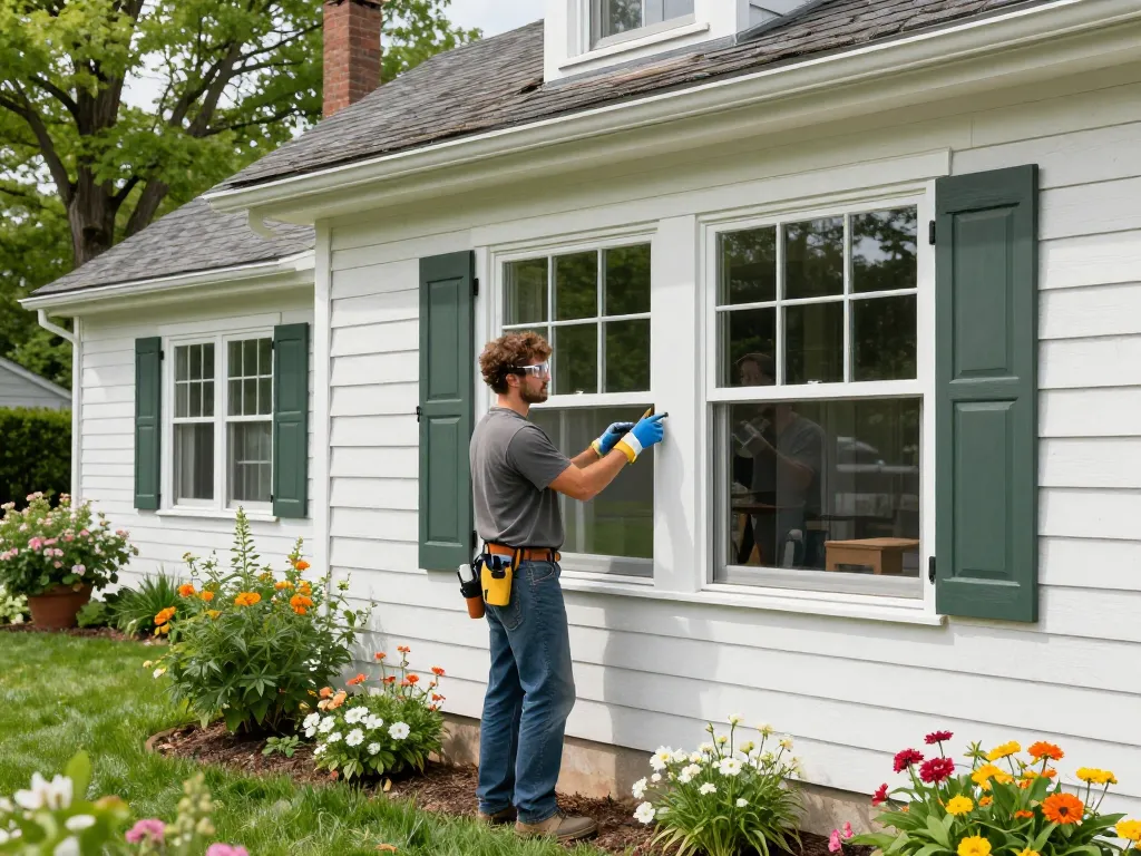 Expert performing window replacement services NH in a beautiful home setting