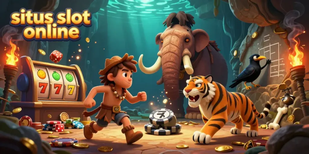Menang besar dengan situs slot online melalui ilustrasi kasino prasejarah yang menampilkan permainan slot.