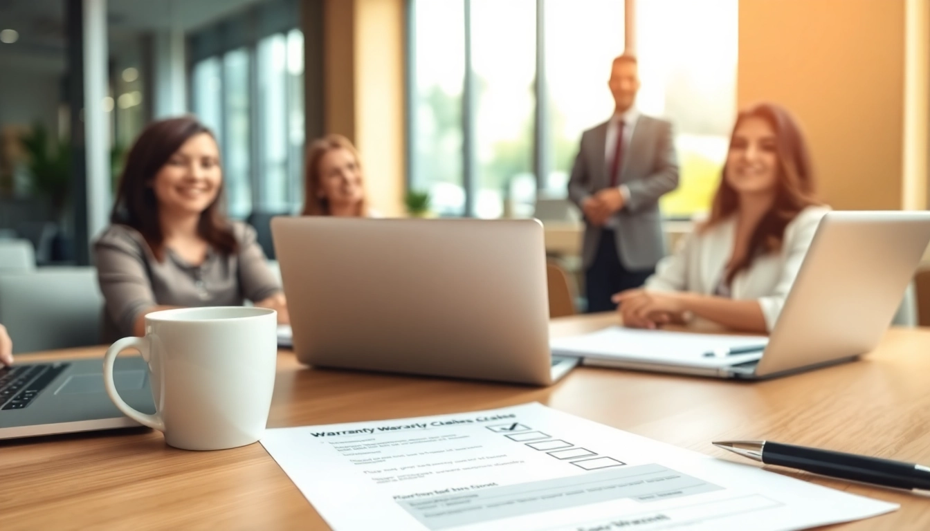 Streamlined no hassle warranty claims process illustrated with happy customers in a bright office.