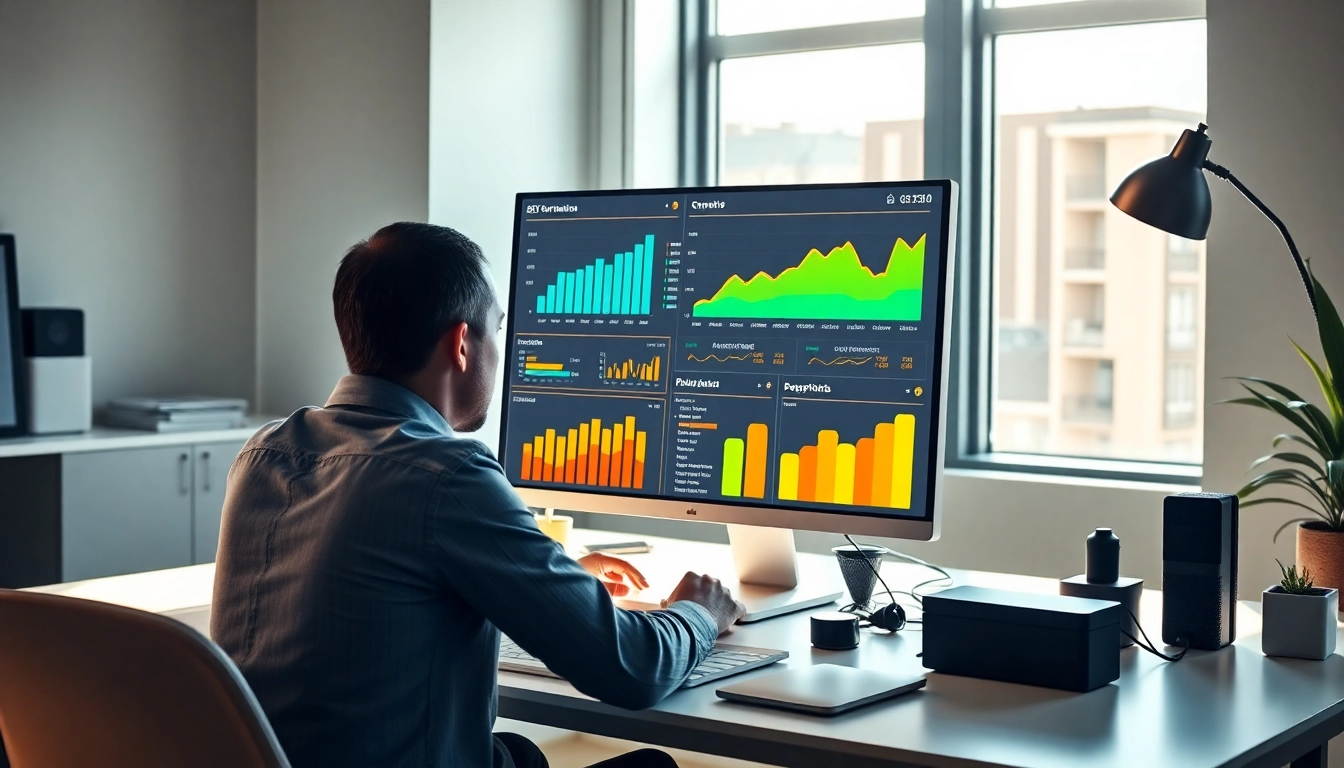 Visual representation of SEO performance analytics with colorful graphs and a focused analyst.