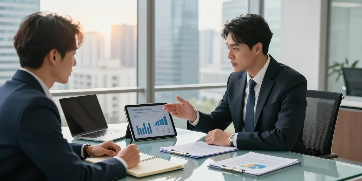 Financial advisor discussing 소액결제현금화 with client in modern office, showcasing strategies and engagement.