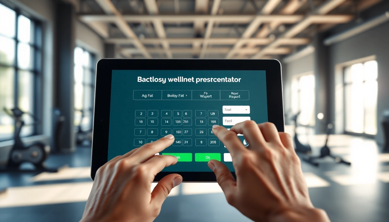 Calculate your body fat percentage with an engaging body fat percentage calculator in a bright gym environment.