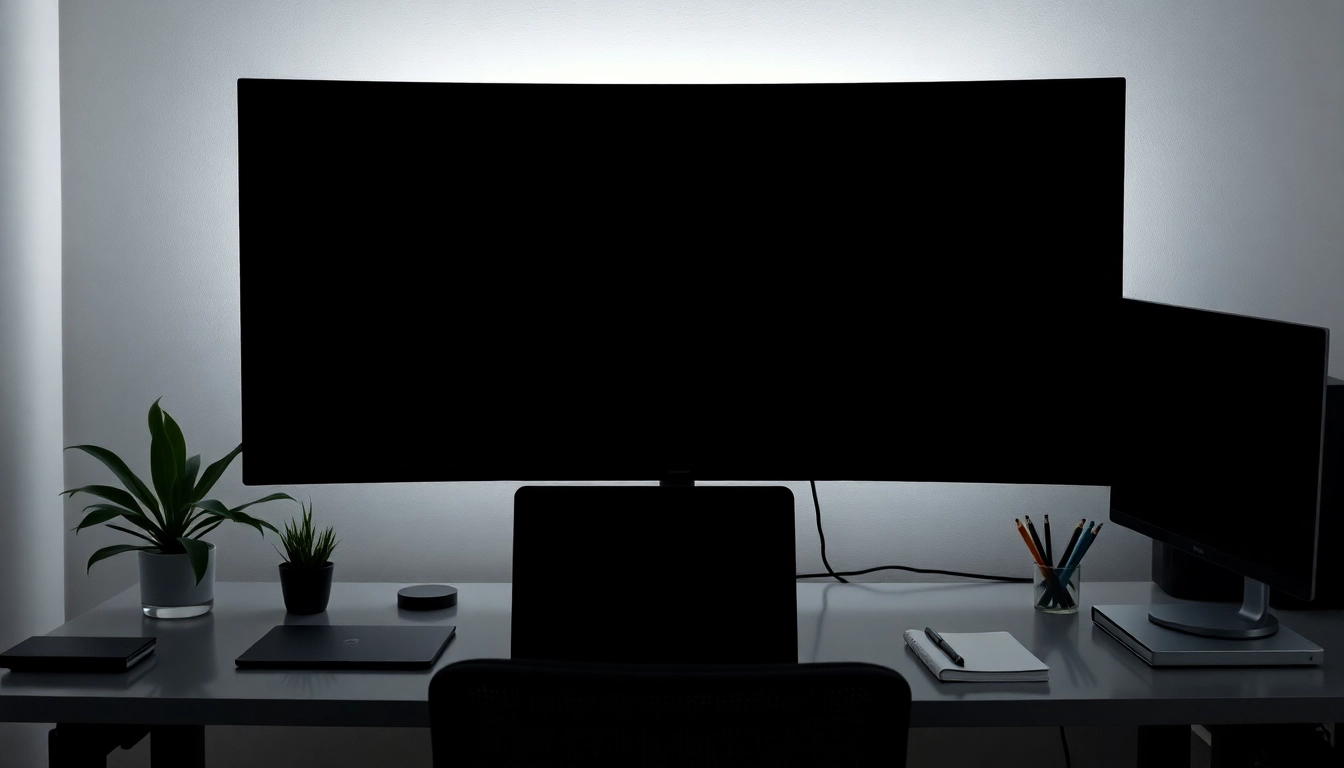 Full black screen displayed on modern workspace monitors for reduced distractions and enhanced focus.