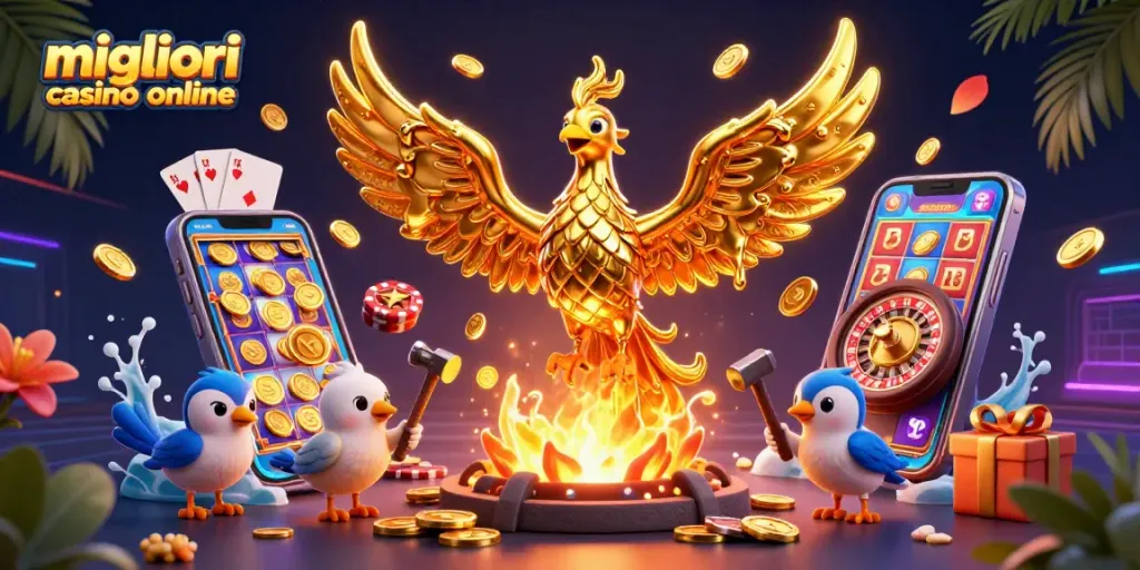 I migliori casinò online presentano un phoenix dorato in una scena di gioco vibrante con slot e fiches.
