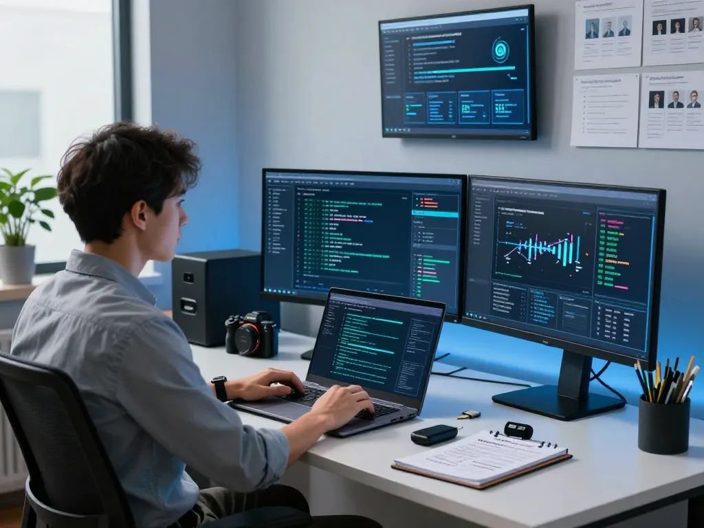 Cybersecurity analyst at workstation monitoring threats on https://shs-dome5.com/ displaying real-time data and security protocols.
