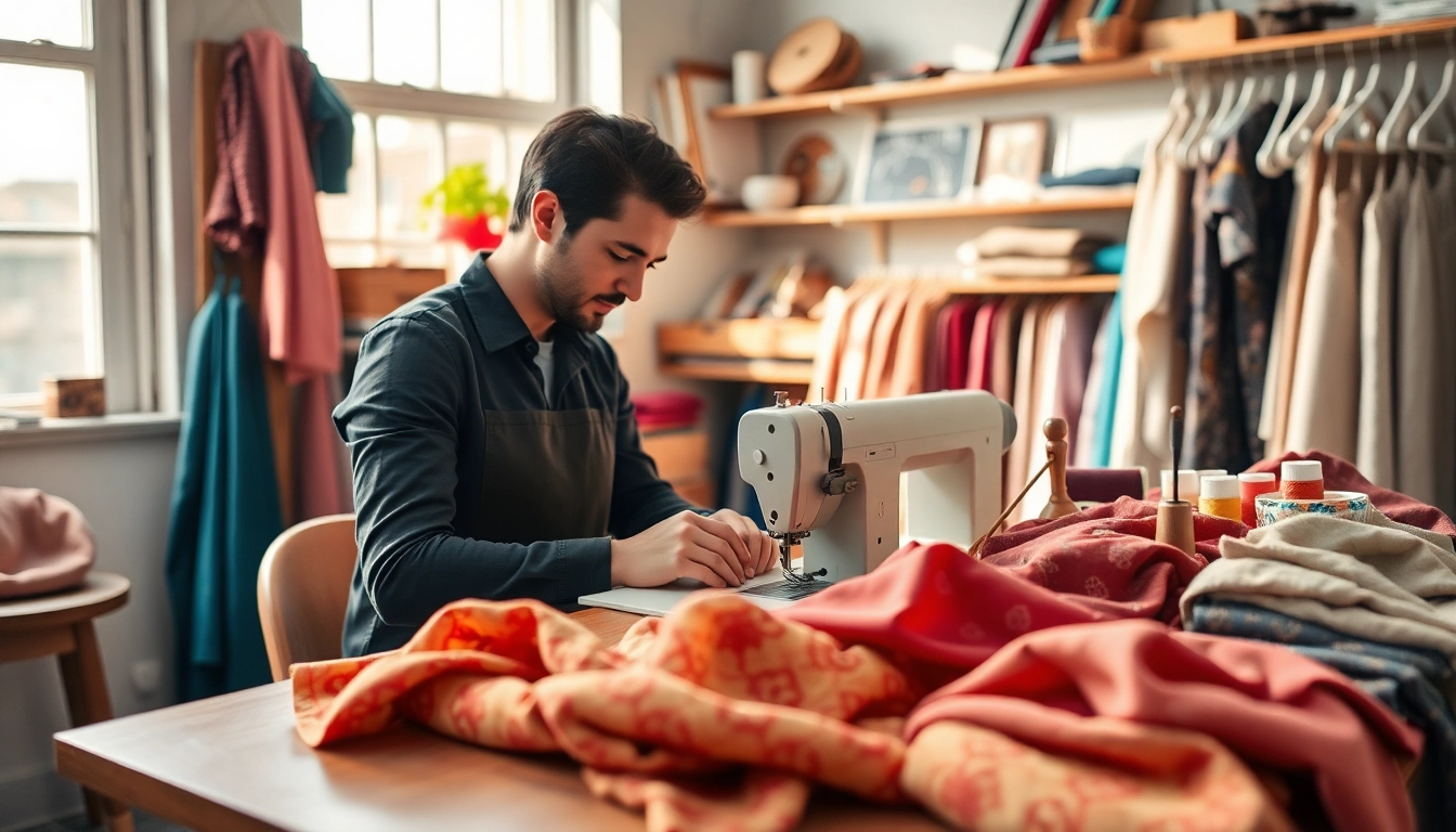 Kant stof voor kleding wordt professioneel bewerkt door een kleermaker in een gezellige studio.