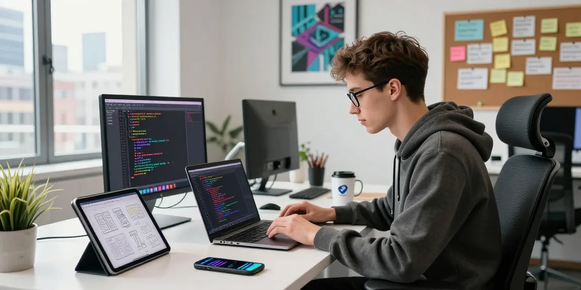 Young developer coding in a creative workspace, demonstrating how to crush on tech innovation and startup culture.