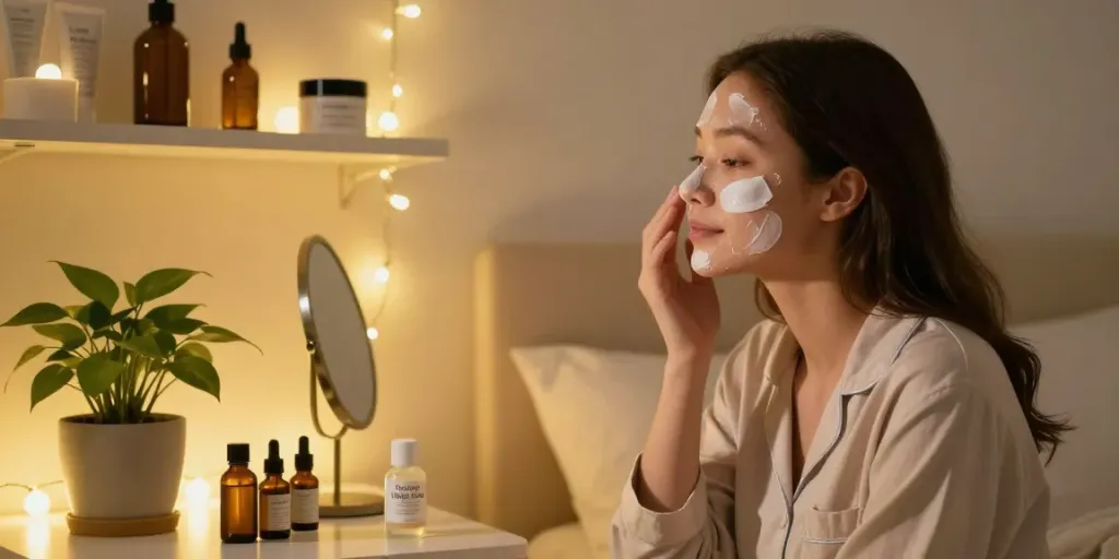 Applying Restore Barrier Night Crème with Zinc Oxide on face during cozy skincare routine.