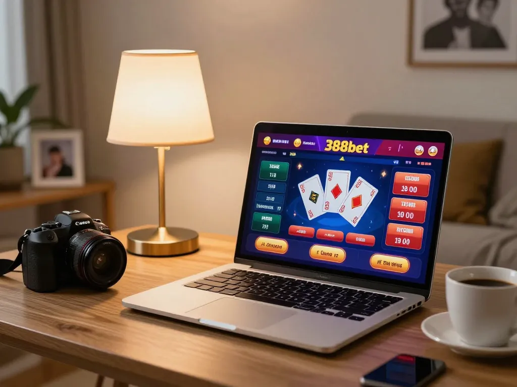 Engaged player using 388bet on a laptop at home, showcasing a lively online casino gaming experience.