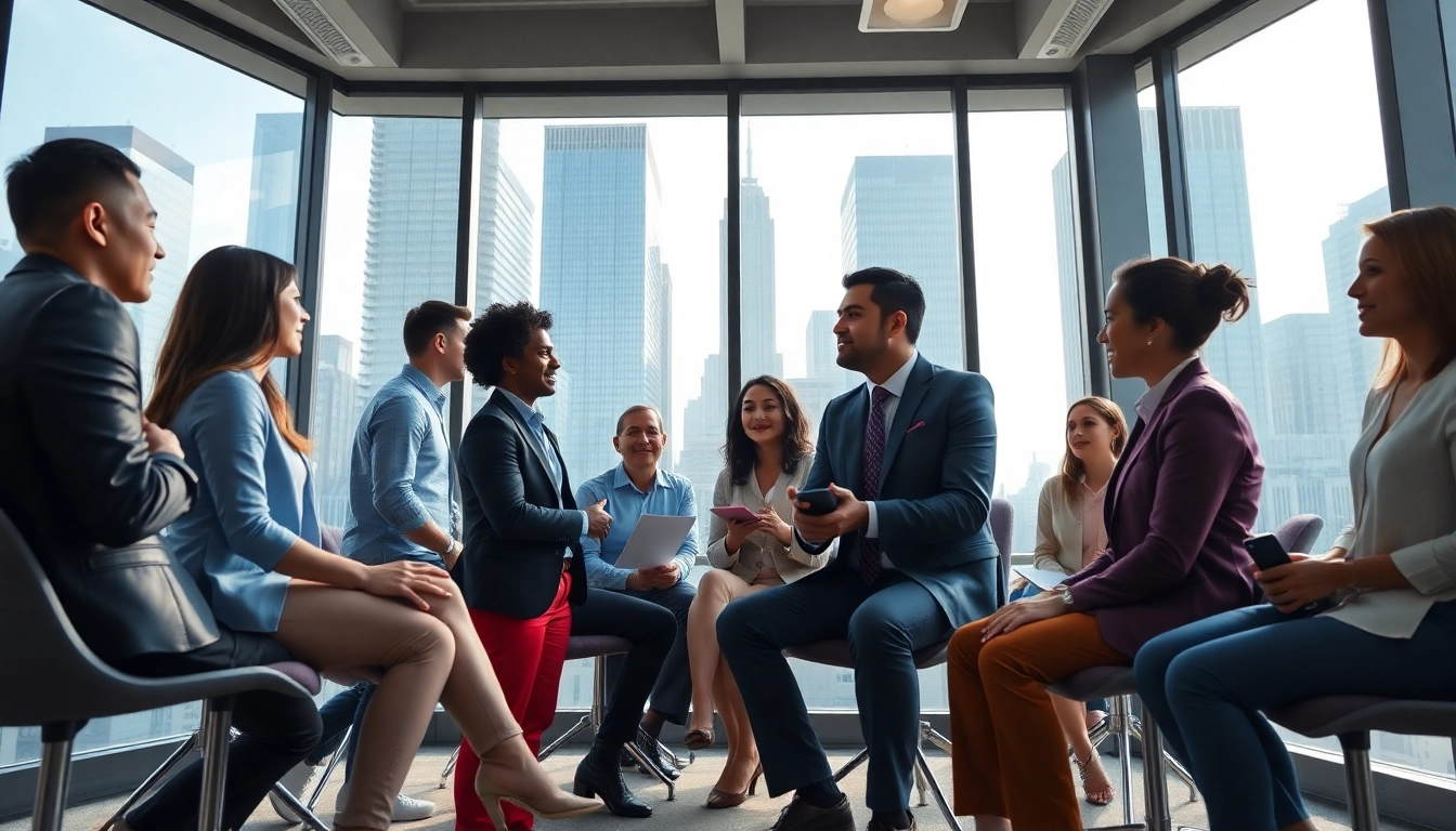 Job seekers networking for new york jobs in a vibrant New York City office setting.