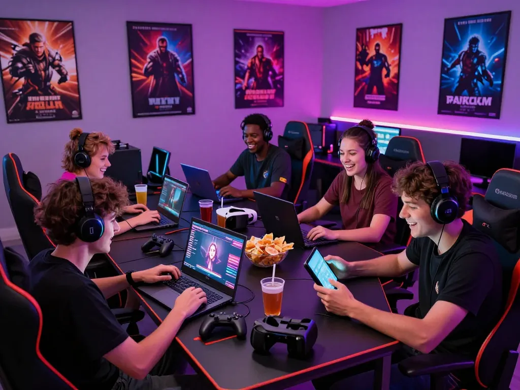 Group of gamers enjoying online porn games in a vibrant gaming room.