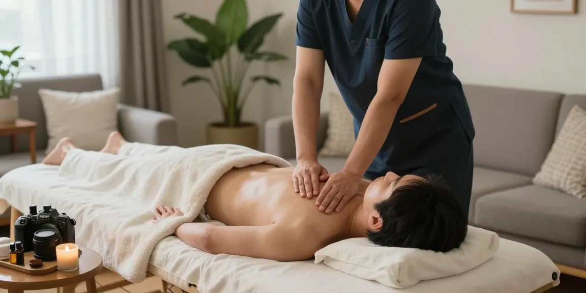 논현동출장마사지 중인 전문 안마사가 아늑한 거실에서 고객을 편안하게 마사지하는 모습