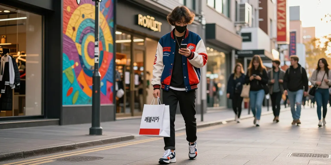 Chic young adult exploring a trendy 레플리카 쇼핑몰 in a vibrant city street.