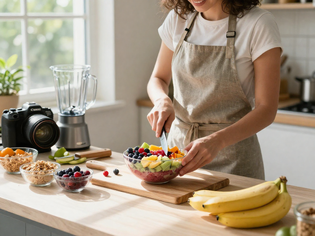 Vibrant smoothie bowl preparation with vegan astaxanthin ingredients in a sunny kitchen.