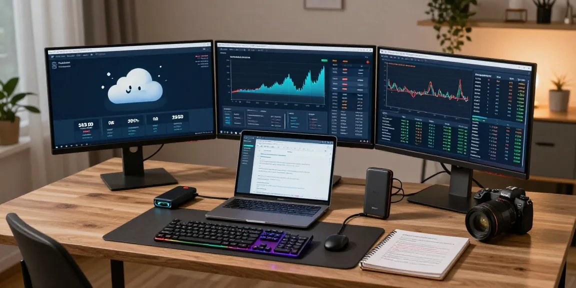Cloud mining crypto setup in a modern home office with cryptocurrency dashboard, mining hardware, and security tools.