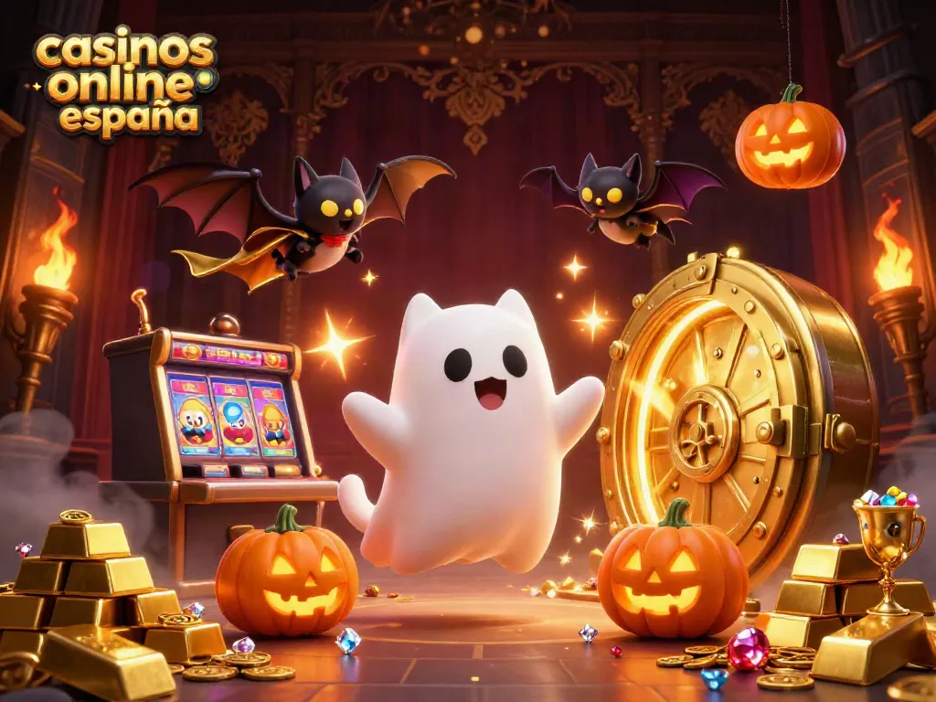 Captura la emoción y diversión en casinos online España con un gato fantasma y un murciélago en medio de un casino encantado.