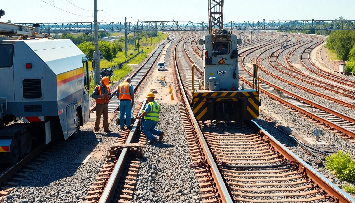 Railroa Maintenance Services showcased by professionals inspecting railway tracks and machinery.