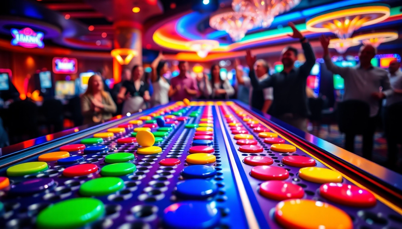 Main Plinko demo gameplay with colorful discs falling through the pegs in a lively casino.