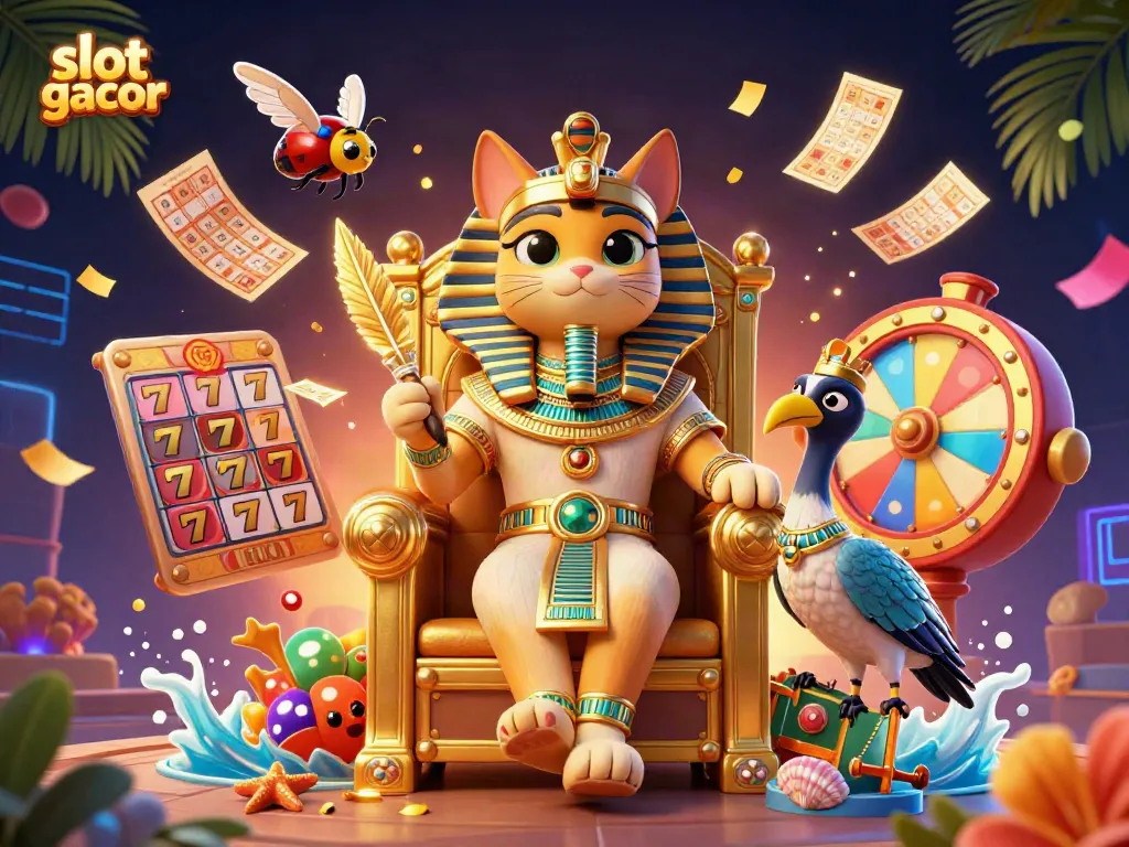 Gambar slot gacor dengan karakter utama dari kucing firaun dan elemen permainan yang meriah.
