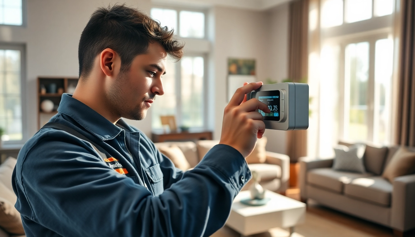 HVAC dealers technician adjusting a thermostat in a cozy home environment.